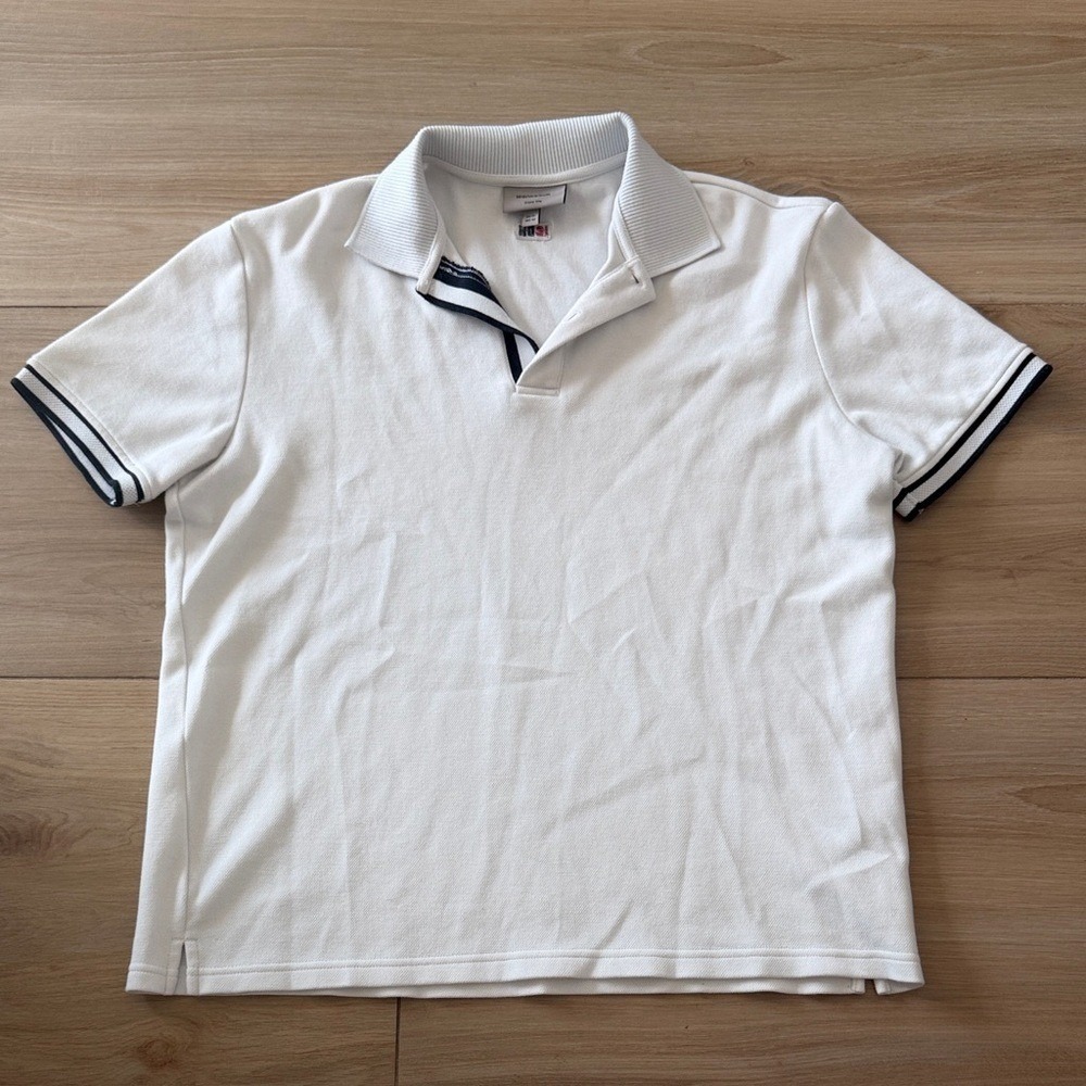 ICONDENIM‎ Mens White Pique Polo Shirt Short Sleeve Navy Striped Trim XL